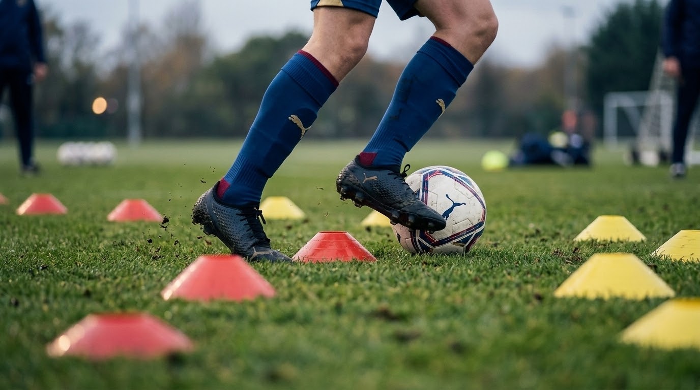 Voetballer dribbelt met blauwe sokken en zwarte schoenen door rode en gele trainingskegels op een grasveld