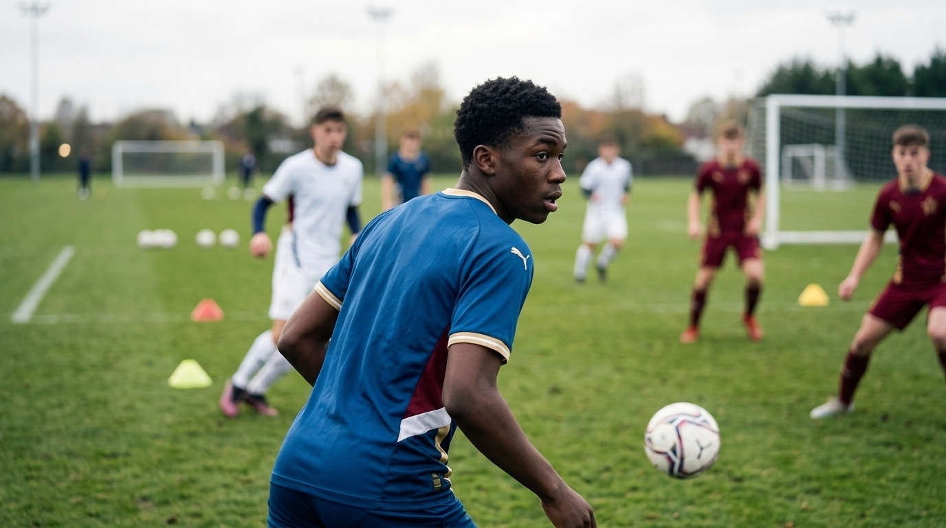 Speler in blauw shirt kijkt over zijn schouder mee met de bal tijdens een oefening op het veld
