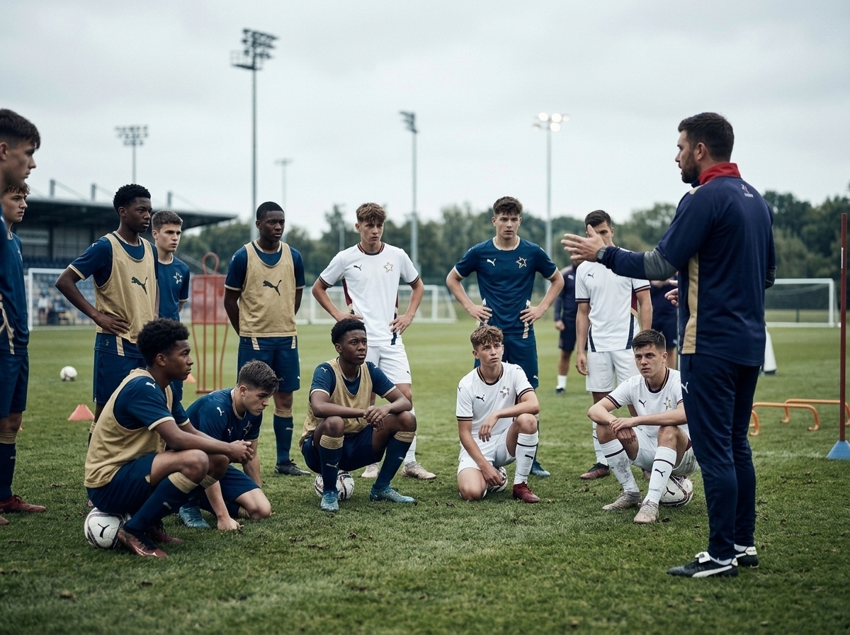 Trainer spreekt een groep jeugdspelers toe op het veld