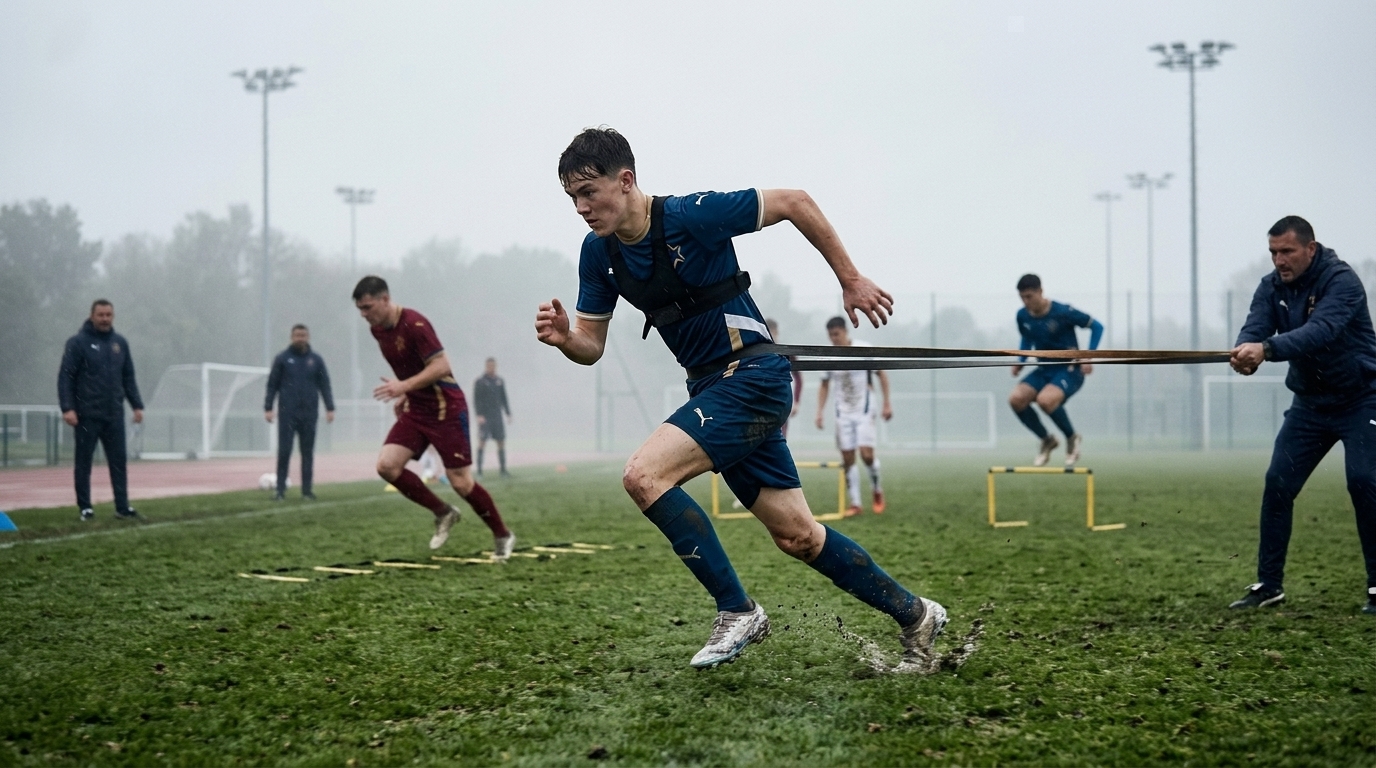 Speler sprint met een weerstandsband om zijn taille, vastgehouden door een trainer, terwijl andere spelers langs hordjes lopen